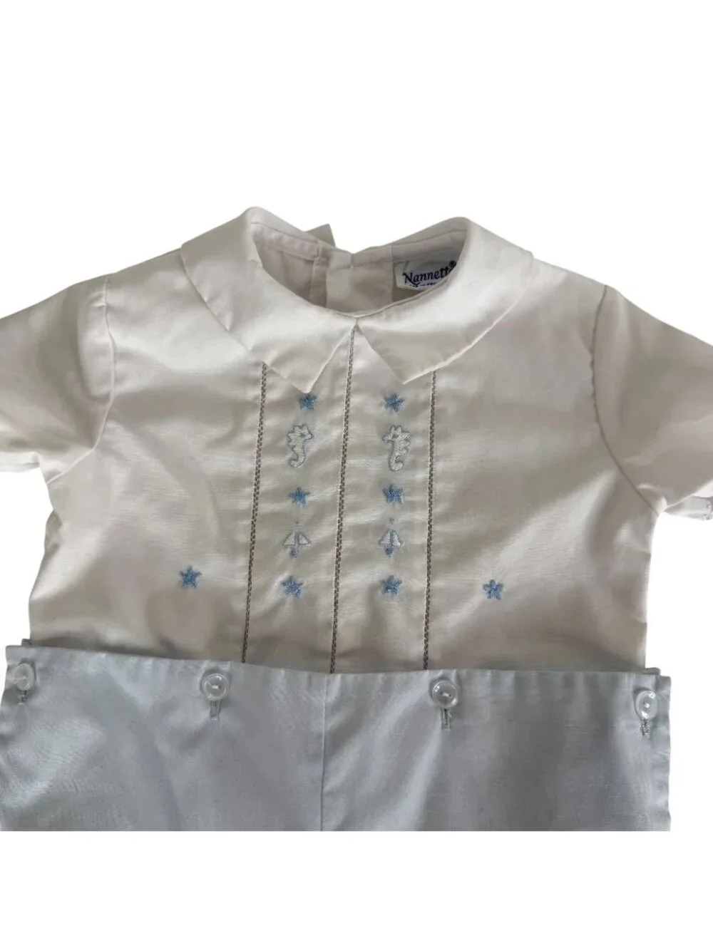 VTG Nannette Baby Boy Outfit White Blue Embroidered Romper Short Shirt Button 6M